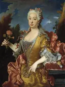Barbara of Braganza Queen of Spain van Jean Ranc: portret met vrouw, anjers, gouden jurk en landschap, in goudgeel en rood
