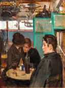 (Barcelona) Interior del Moulin de la Galette MNAC van Ramon Casas: figuren met café, mensen, tafel en ramen, in gedempt groen en bruin
