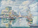 Barfleur, 1931 van Paul Signac: stad met kerk, haven, boten en water, in licht blauw en wit