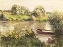 Barken am Fluß im Herbst van Gustave Caillebotte: landschap met rivier, boot, bomen en oever, in zacht groen en blauw