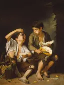 Bartolomé Esteban Perez Grape and Melon Eaters van Bartolomé Esteban Murillo: figuren met jongens, druiven, meloen en fruit, in warm bruin met okergeel
