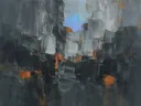 Abstract landschap in basaltgrijs en hemelsblauw