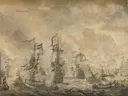 Battle between the Dutch and Swedish Fleets, in the Sound, 8 November 1658 van Willem van de Velde: zee met vloot, zeeslag, zeilschepen en rook, in licht grijsbeige