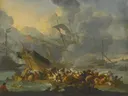 Battle of Lepanto, 1571, with a crowded rowing boat and men struggling to shore in the foreground van Johannes Lingelbach: zee met zeeslag, schepen, rook en roeiboot, in grijsblauw en oker