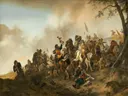 Battle Scene van Philips Wouwerman: figuren met veldslag, ruiters, stof en vaandels, in okergeel en grijs