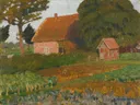 Bauerngarten in der Abendsonne, 1907 van Otto Modersohn: landschap met boerderij, tuin, bomen en avondzon, in warm groen en okerrood