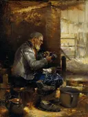 Bauernschuster van Carl von Merode: figuren met schoenmaker, werkplaats, oude man en gereedschap, in warm bruin