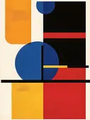 Bauhaus-schilderij met cirkels en kleurblokken in blauw, rood en geel
