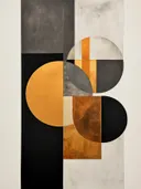 Abstract geometrisch schilderij met overlappende cirkels in okergeel, grijs en brons.