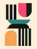 Bauhaus schilderij met zuilen en boogvormen in roze en teal