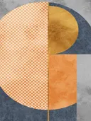 Bauhaus schilderij met halve cirkel in oranje en goud