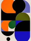 Bauhaus-schilderij met pilvormen in olijfgroen en oranje