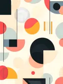 Abstract Bauhaus-schilderij met cirkels en halve manen in koraalrood en zwart