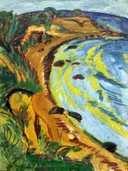 Bay on the Coast of Fehmarn van Ernst Ludwig Kirchner: zee met baai, kust, zee en rotsen, in geel, blauw en groen