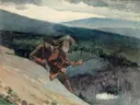 Bear Hunting, Prospect Rock van Winslow Homer: landschap met jager, geweer, rots en heuvels, in gedempt groen en grijs