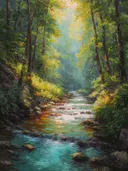 Schilderij van een beek tussen roestkleurige rotsen in het bos