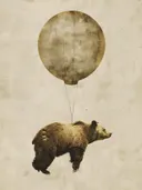 Beer die zweeft aan een ballon in sepia tinten