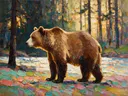 Beer in diep pose tussen de bomen, schilderij van beer