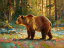Beer in donker pose tussen de bomen, schilderij van beer