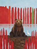 Schilderij van beer in hemelblauw en klaproosrood, in vlakke kleurvlakken