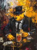 Schilderij van een beer in pak met whisky en kitten