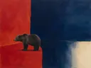 Schilderij van beer in vermiljoen en indigo, in vlakke kleurvlakken