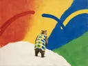 Schilderij van beer in vier heldere kleuren naast elkaar, in vlakke kleurvlakken