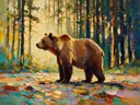 Beer in warm pose tussen de bomen, schilderij van beer