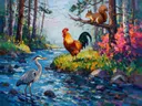 Beestenboel in de bloementuin in marineblauw, schilderij met verschillende dieren