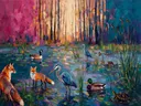 Beestenboel in het bos, schilderij met verschillende dieren