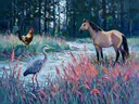 Beestenboel tussen de grassen in marineblauw, schilderij met verschillende dieren