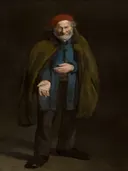 Beggar with a Duffle Coat (Philosopher) van Edouard Manet: portret met man, mantel, staand en bedelaar, in donker groen en zwart