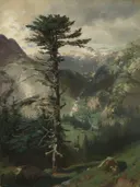 Bei Handeck (ca. 1860) van Alexandre Calame: landschap met bergen, den, rotsen en mist, in gedempt grijsgroen