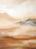 Abstract schilderij van bergsilhouetten in beige en grijze tinten.