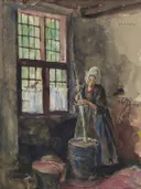 Beim Buttern van Max Liebermann: interieur met vrouw, karnen, raam en keuken, in donkerbruin en grijs
