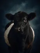 Studioportret van Belted Galloway van voren, tegen een geschilderd doek in inktblauw