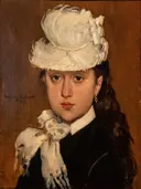 (Bemberg Foundation) 'Portrait of a Young Woman in a White Hat' by (1879) Oil on canvas van Mary Cassatt: portret met vrouw, witte hoed, jong en donkere jas, in warm bruin met wit