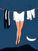 Surrealistisch schilderij van benen aan een waslijn bij nacht