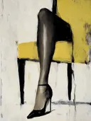 Expressief schilderij van benen op een gele stoel