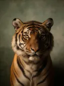 Studioportret van Bengaalse Tijger van voren, tegen een geschilderd doek in salie