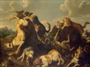Berenjacht van Paul de Vos / Jan Wildens: dieren met beer, honden, jacht en gevecht, in okergeel en bruin