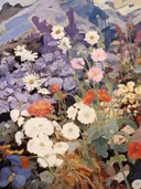 Schilderij van wilde bergbloemen in paars, wit, roze en oranje.