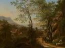 Bergachtig landschap in Italië van Willem de Heusch: landschap met bergen, bomen, pad en figuren, in warm goudgroen