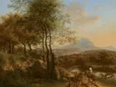 Bergachtig rivierlandschap in Italië van Willem de Heusch: landschap met bergen, rivier, bomen en herders, in warm goudgroen