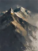 Schilderij: bergen half opgelost in antraciet