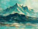 Schilderij: bergen uitgeveegd in turquoise