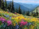 Schilderij van bergvallei gezien tussen pijnbomen met wilde bloemen