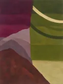 Schilderij van bergketen in lagen in magenta en olijfgroen, in vlakke kleurvlakken