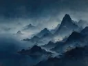 Mistig oosters landschap in indigo en goud