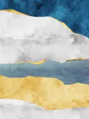 Minimalistisch berglandschap schilderij in marineblauw en goud